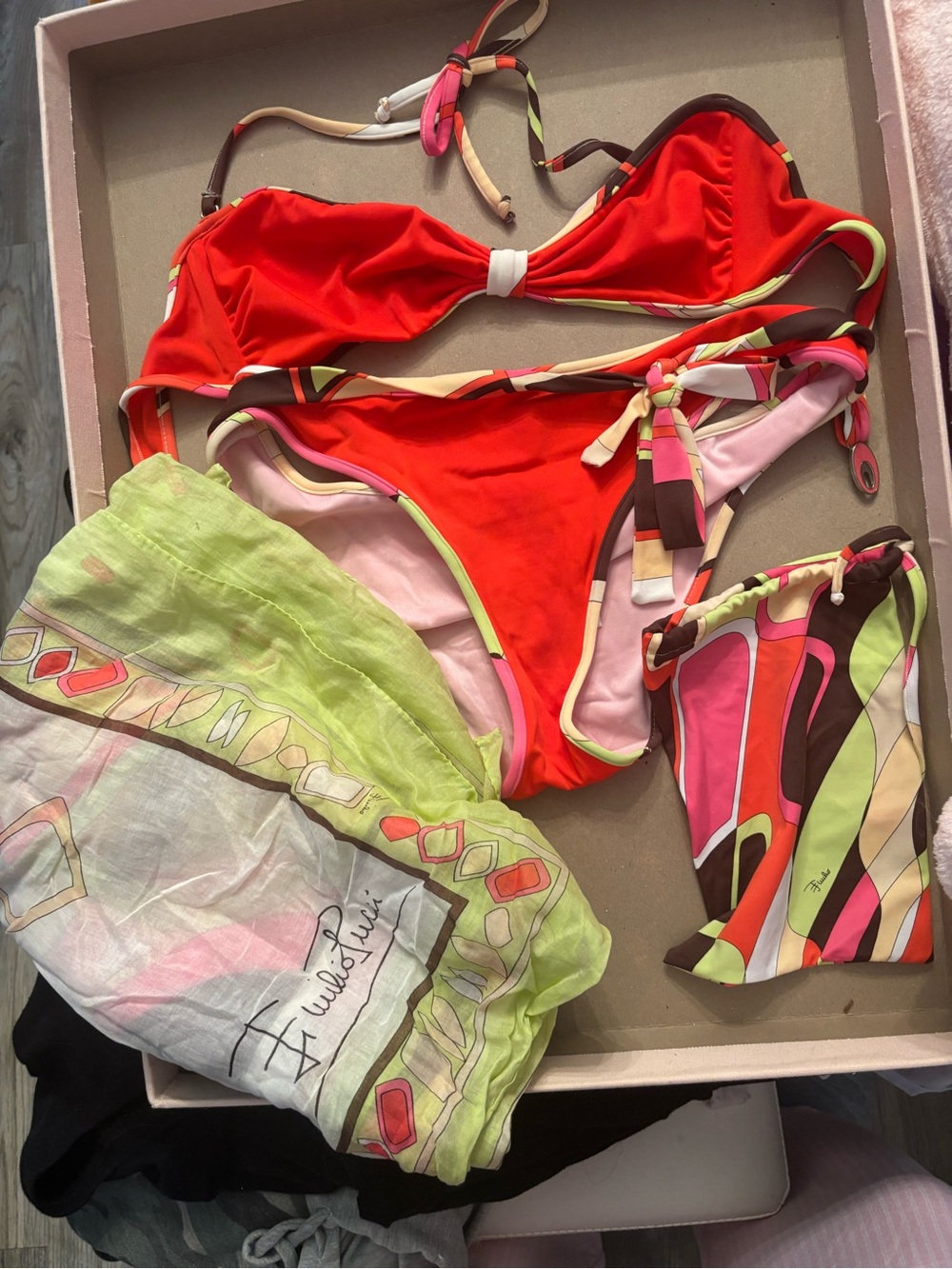 Emilio Pucci Red Bikini with Multicolor Trim and Printed Scarf